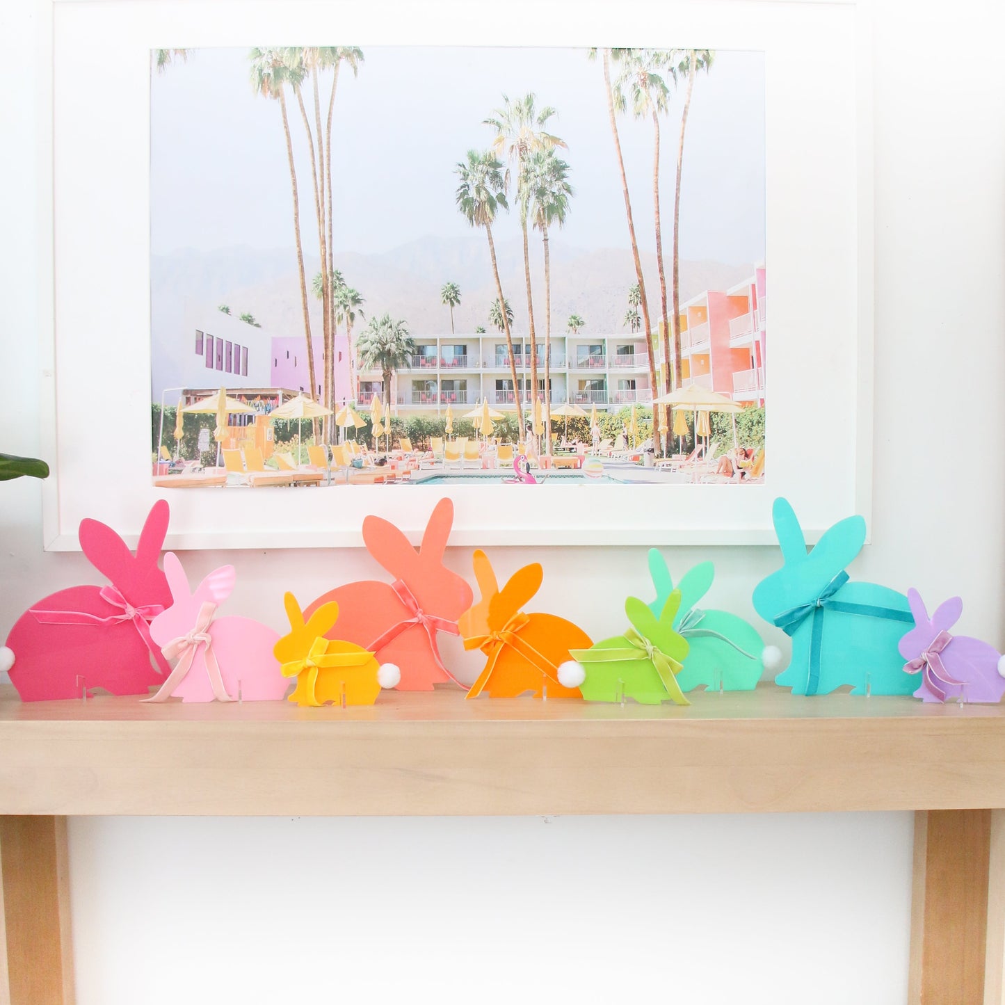 Pink and lavender Acrylic Bunny with pom pom tail