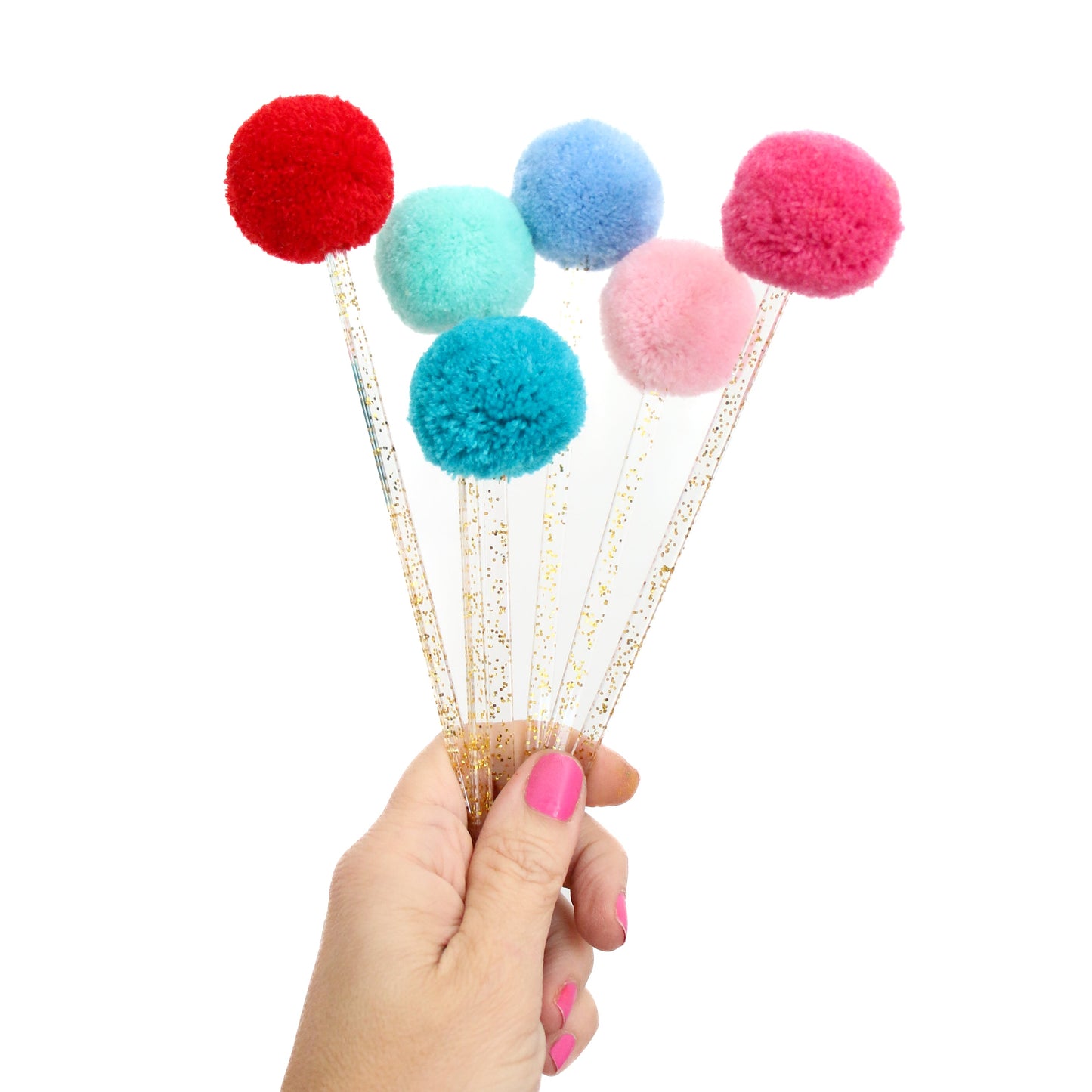 Red white and blue pom pom drink stirrers and cake toppers