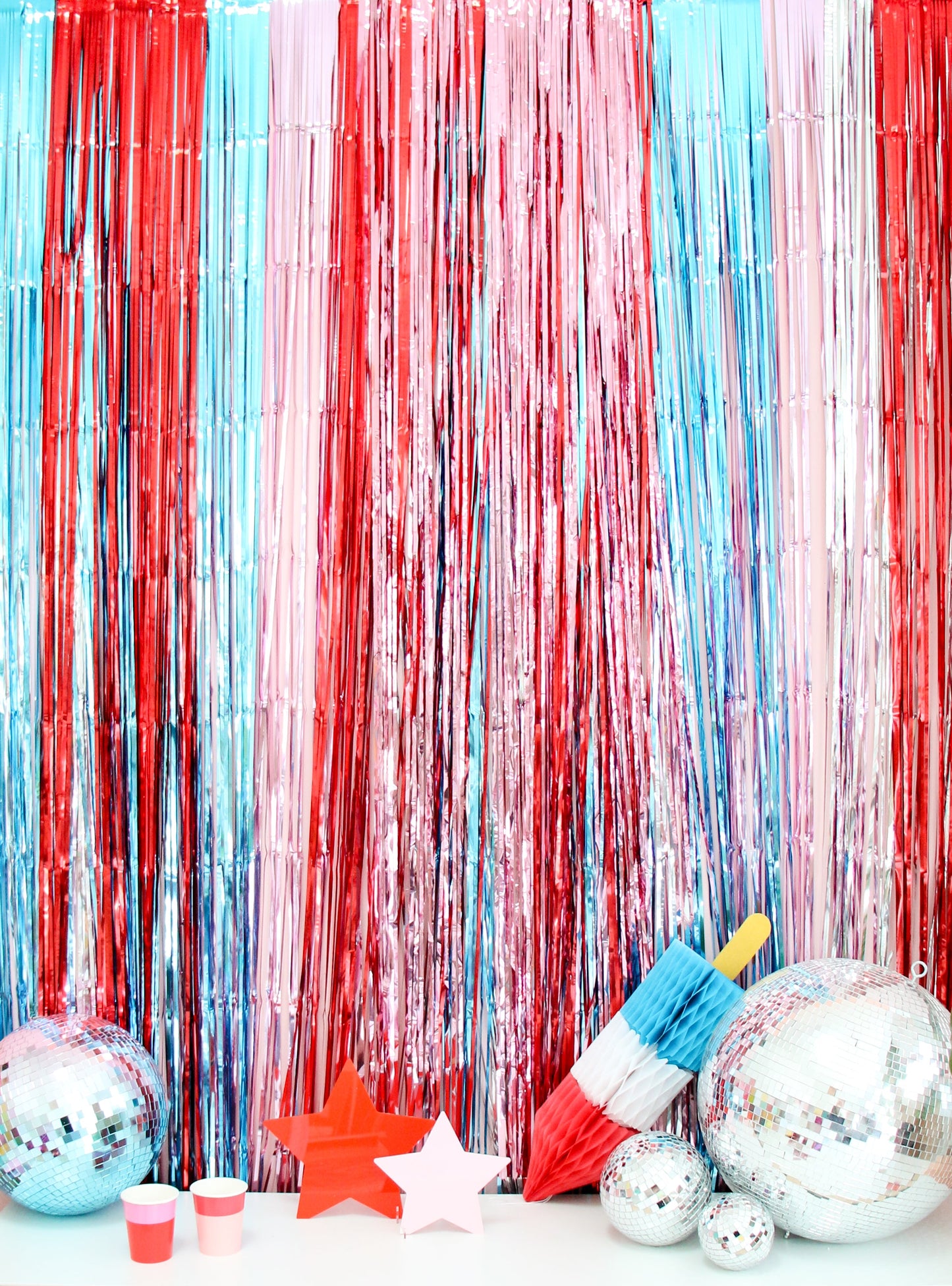 Red, White, and Blue Mylar Streamer Curtain backdrop