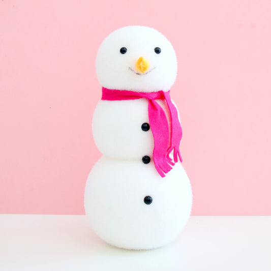 Dark Pink Scarf Flocked Snowman Decoration