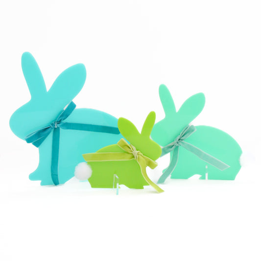 Blue and green Acrylic Bunny with pom pom tail